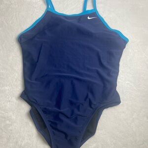 Nike Navy Swimsuit with Aqua Trim and White Swoosh Size 12